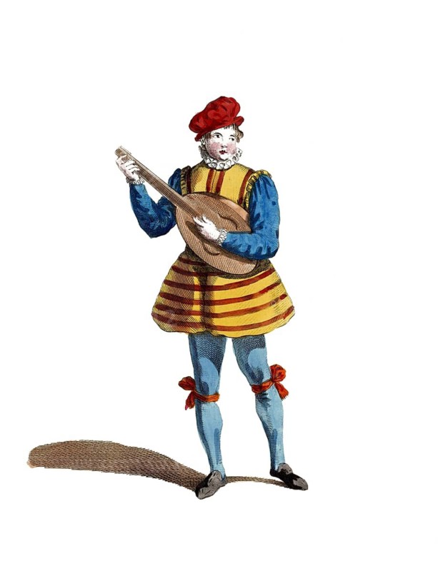 Historical clothing, fashion over time, clothing of a young gentleman from Brabant in 1588, Belgium, digitally restored reproduction of a model from the 18th/19th century, exact date unknown, young musician with lute in colourful clothing, playing cheerfully