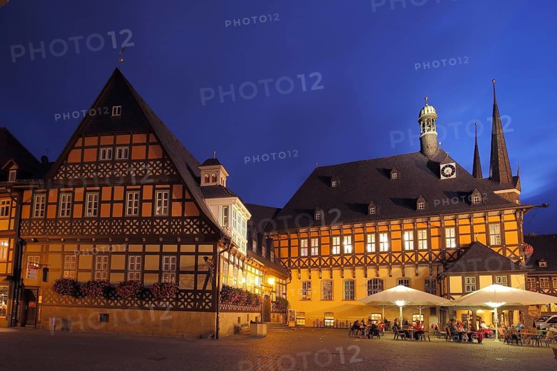 Market square with gothic town hall and street shop, lighting, blue hour, twilight, night view, landmark, Wernigerode, Harz, Saxony-Anhalt, Germany