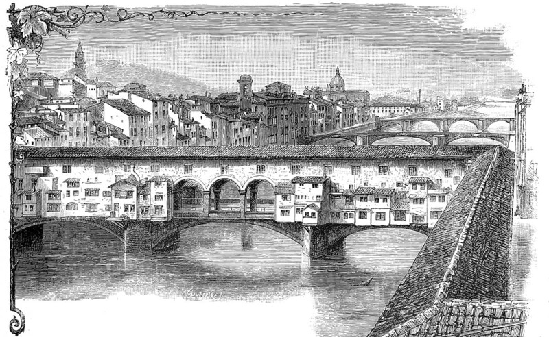 Old bridge, Ponte Vecchio, across the Arno in Florence, The building is considered one of the oldest segmented arch bridges in the world, 1885, Tuscany, Italy, illustration, reproduction from a model from the 19th century. Authentic, file restored for optimal use, exact date of submission unknown, historical