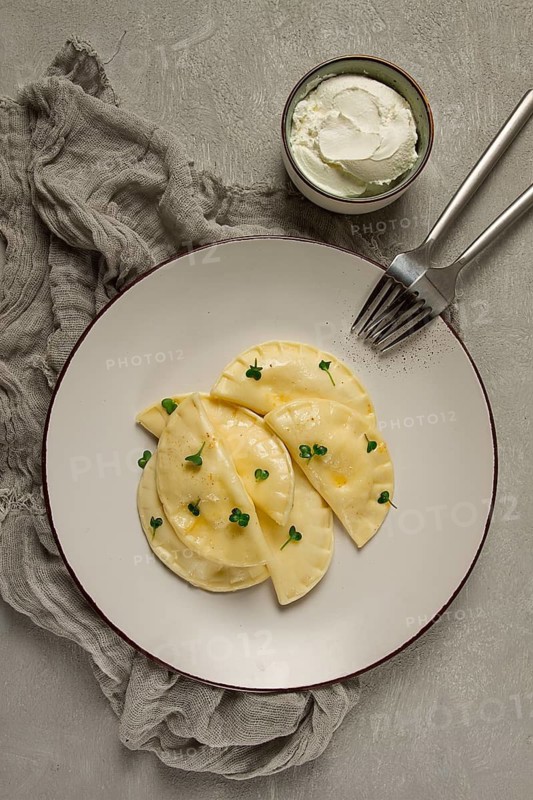 Pierogi, a traditional dish of Polish cuisine, dumplings, top view, close-up, no people