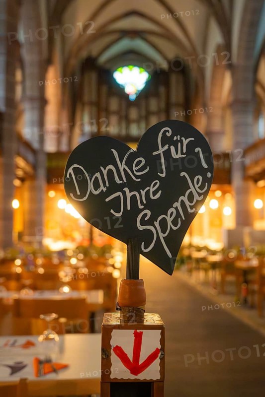 Handwritten heart sign in a church asking for donations, Vesperkirche Calw, Black Forest, Germany