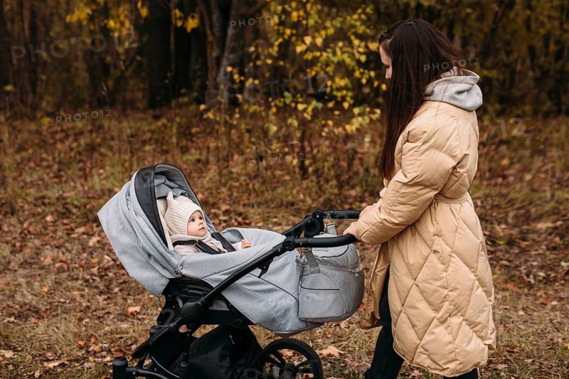 A mother enjoys a peaceful autumn walk with her child in a stroller. The scene captures the serene beauty of fall, with leaves scattered on the ground and trees in the background