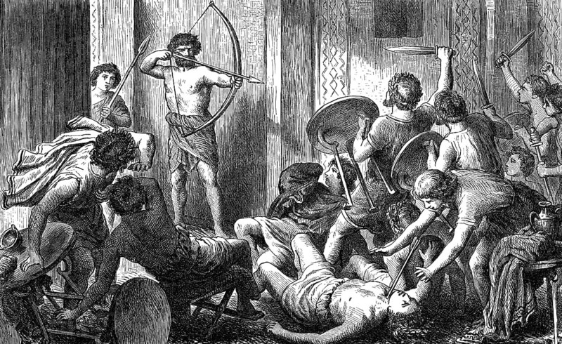 Slaughter of the suitors of Penelope by Odysseus and Telemachus, Homer's Odyssey