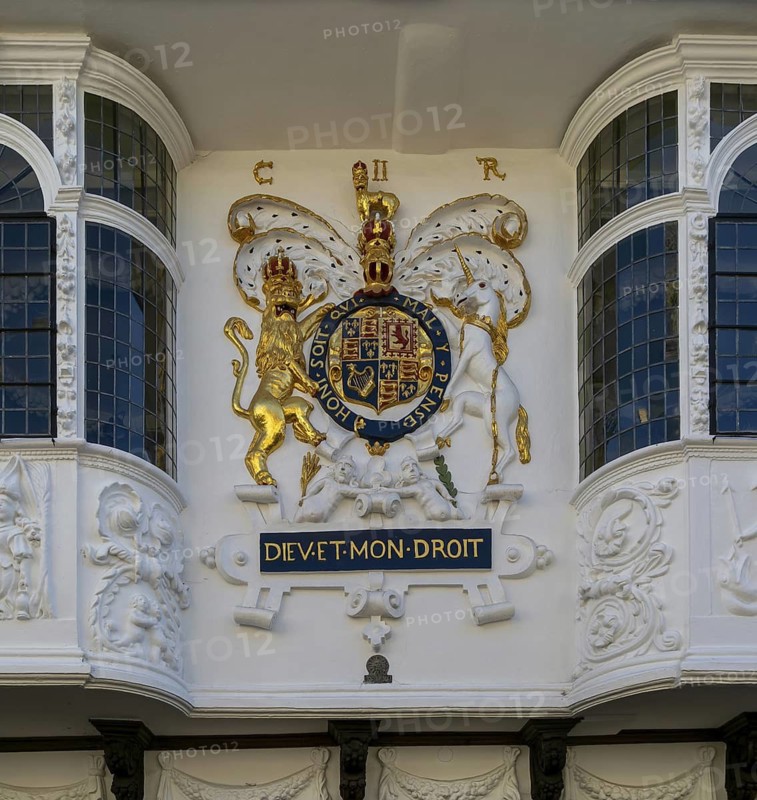 King George II royal coat of arms, Sparrowes House or The Ancient House building, Ipswich, Suffolk, England, UK