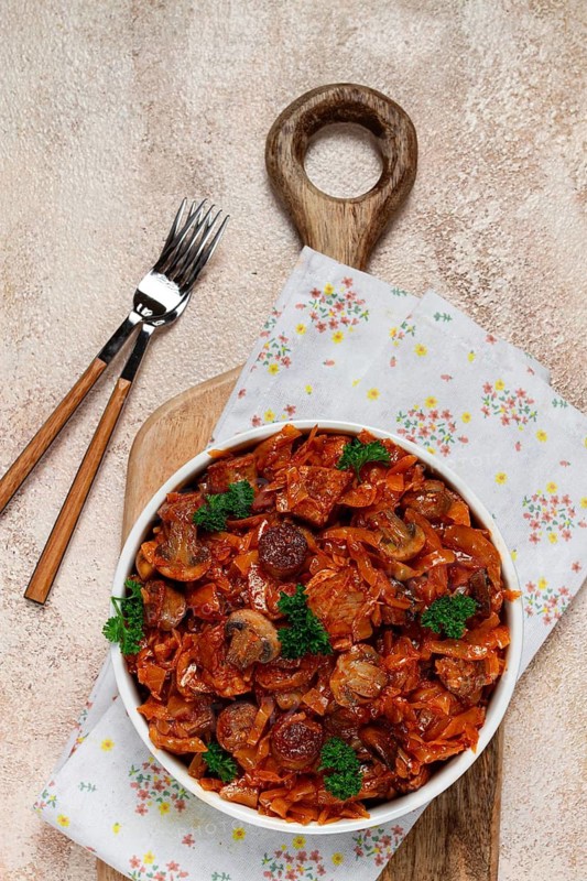 Bigos, bigus is a national Polish dish, made of cabbage and meat, stewed, homemade, no people