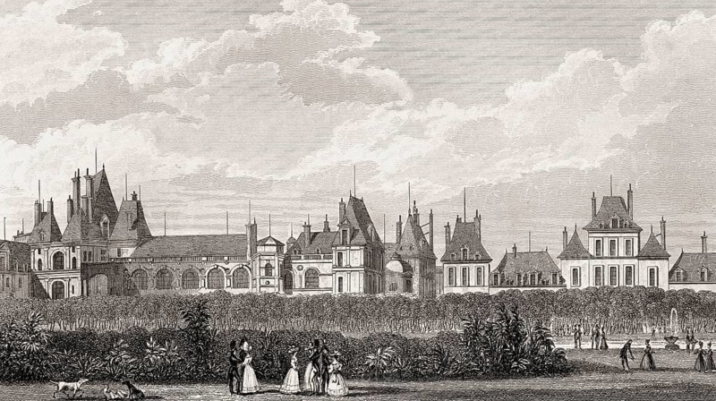 The Royal Château de Fontainebleau, near Paris, antique steel engraved print, 1831