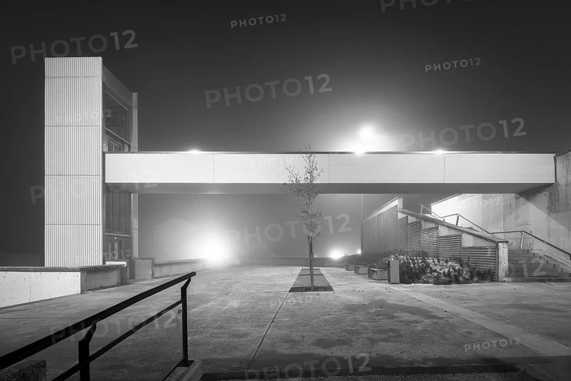 A quiet, atmospheric urban landscape featuring a modern elevator enveloped in mist and fog, captured in monochrome tones, highlighting urban architecture and lighting effects at night