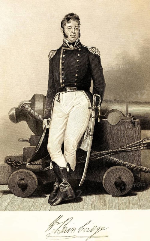 William Bainbridge (1774-1833) successful commodore of the American Navy, commander, cannon, sword, uniform, boots, proud look, USA, portrait of famous Americans, signature, artist Alonzo Chappel, steel engraving, historical illustration 1862