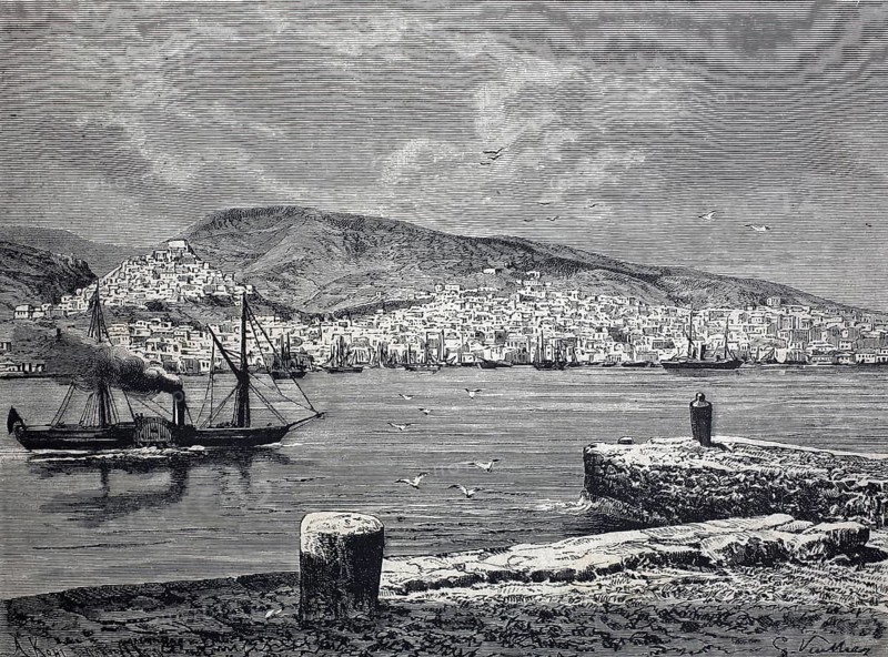 Illustration of the port of Ermoupoli, the capital of the Cycladic island of Syros, 1890, Greece, illustration, reproduction from a model from the 19th century. Authentic, file restored for optimal use, exact date of submission unknown, historical