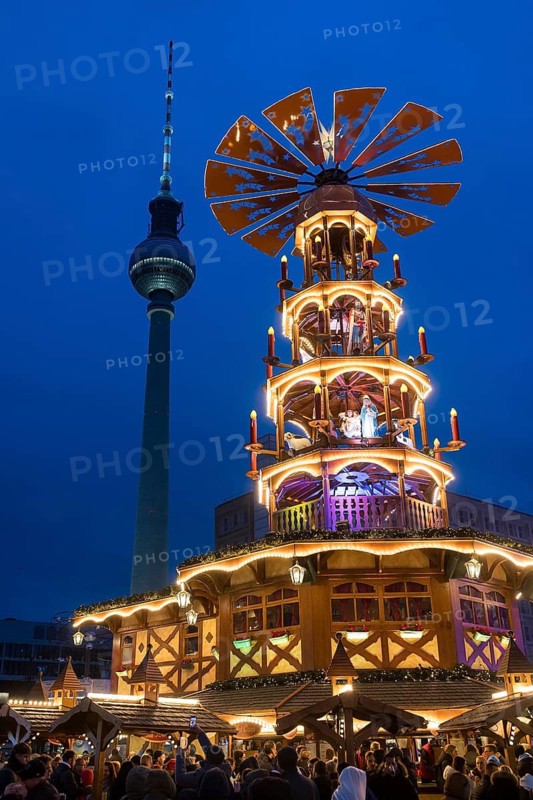 A Christmas pyramid in front of the Berlin TV tower at the Christmas market on Alexanderplatz, Berlin, 21 December 2024