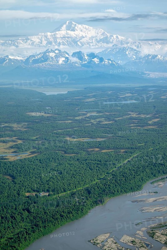Aerial view, Mt Denali with river and forest, Alaska Range, Denali National Park, Alaska, USA