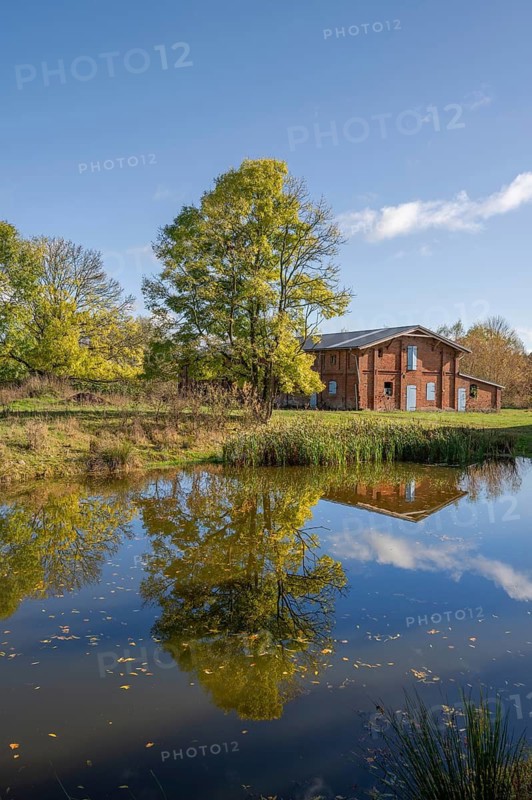 Othenstorf estate with pond and historic pigsty, built around 1900, Othenstorf, Mecklenburg-Vorpommern, Germany