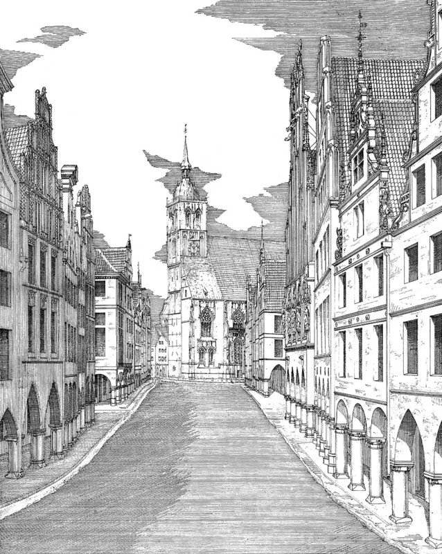 Historical architectural illustration from the 19th Century, 1881, German Renaissance style, 16th century, Gabled town houses on Prinzipalmarkt square, Muenster, North Rhine-Westphalia, Germany, Europe, Deutsche Renaissance, Architektur-Zeichnung, historische Hausfassaden um 1880, Bürgerhäuser am Prinzipalmarkt, Münster, Nordrhein-Westfalen, Deutschland, Europa