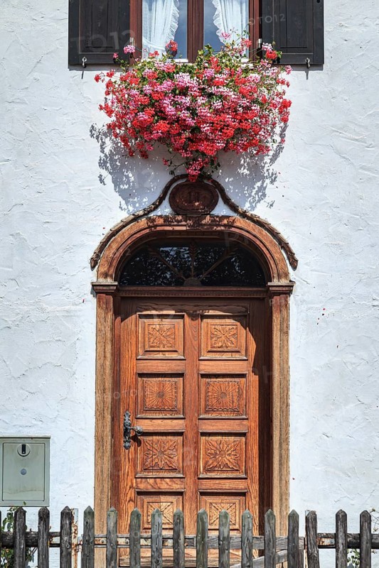 Front door, wood, traditional, farmhouse, flowers, Bavarian, Schlehdorf, Bavaria, Germany