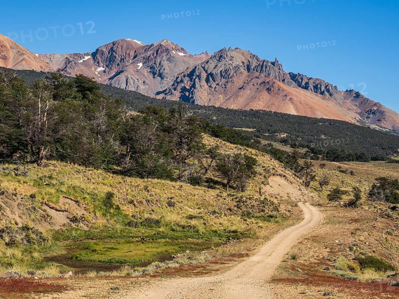 Road Ruta 41, gravel road, arid volcanic landscape, Los Antiguos - Paso Roballo, aerial view, Argentina