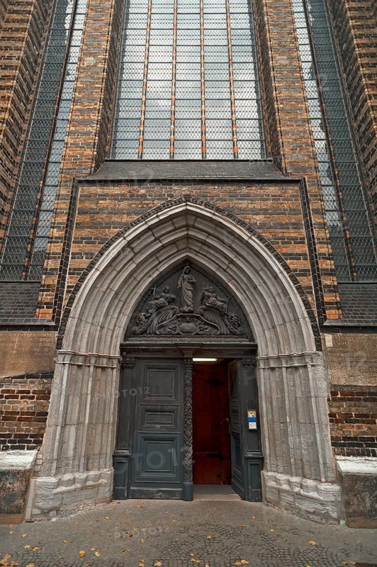 Entrance portal of St Mary's Church, Brick Gothic, construction began around 1290 until the middle of the 15th century, Rostock, Mecklenburg-Western Pomerania, Germany