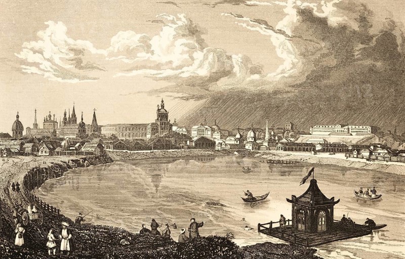 Cityscape of Kazan on the Volga, Republic of Tatarstan, Russia, waterfront, walkers, rowing boats, church towers, floating pavilion, architecture, building, steel engraving, historical illustration 1834