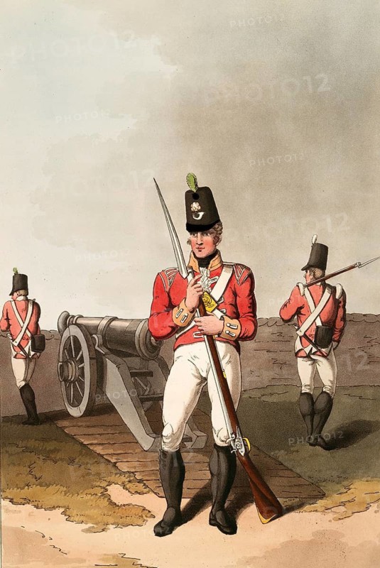 Scene from everyday life in England around 1810, East York vigilantes, soldiers with musket and bayonet and a cannon, historical, digitally restored reproduction from a 19th century original, date unknown
