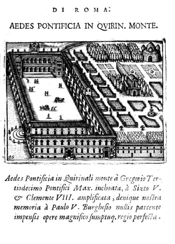 Palazzo Pontificio di Monte Cavallo, Papal Palace, Garden, Piazza del Quirinale, Rome, Italy, Historical, digitally enhanced reproduction from Grandezze della citta di Roma antiche et moderne by Jacomo Crulli de Marcucci, from 1630