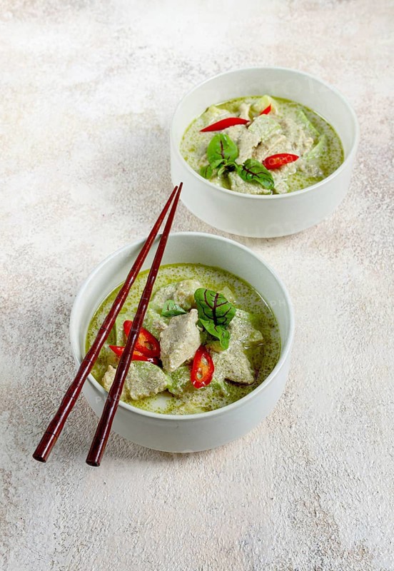 Green curry with chicken, traditional Thai cuisine, Asian food, homemade, no people