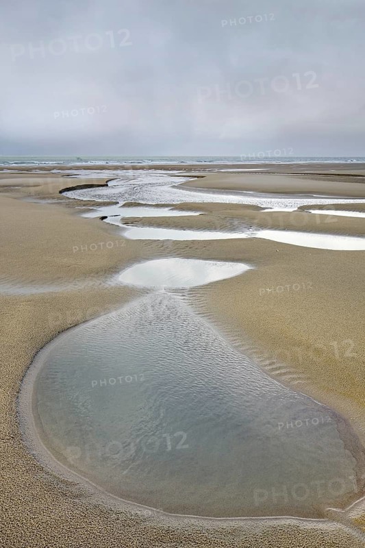 Tide pools on sand beach at low tide at Cap Blanc Nez, Pas-de-Calais, France