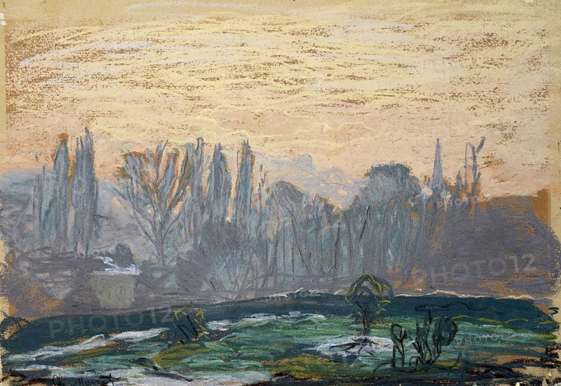 Claude Monet (born 14 November 1840 in Paris as Oscar-Claude Monet, died 5 December 1926) important French painter, Impressionist style. Here his work, Winter Landscape with Evening Sky (ca. 1870 - 1880), Winter Landscape with Evening Sky (ca. 1870 - 1880), Autumnal landscape in warm pastel colours with trees and a misty background