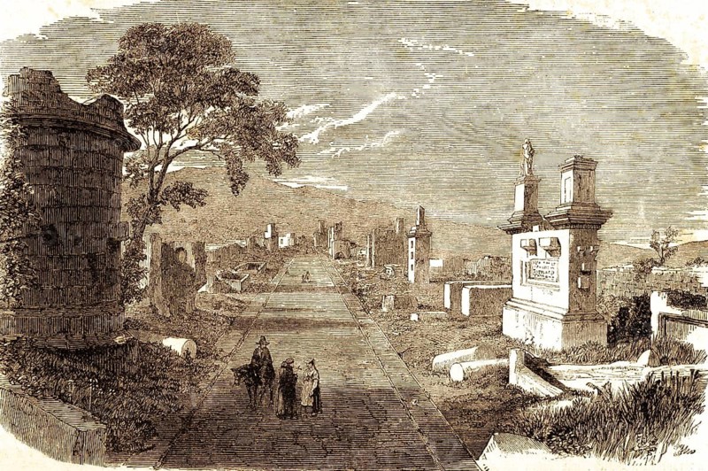 Via Appia Antica, the Appian Road in Rome, in the background the Albanian Mountains, the Acts of the Apostles, chapter 1, verse 1, New Testament, mausoleum, burial sites, Roman pavement, visitor, rider, Bible, historical illustration 1850
