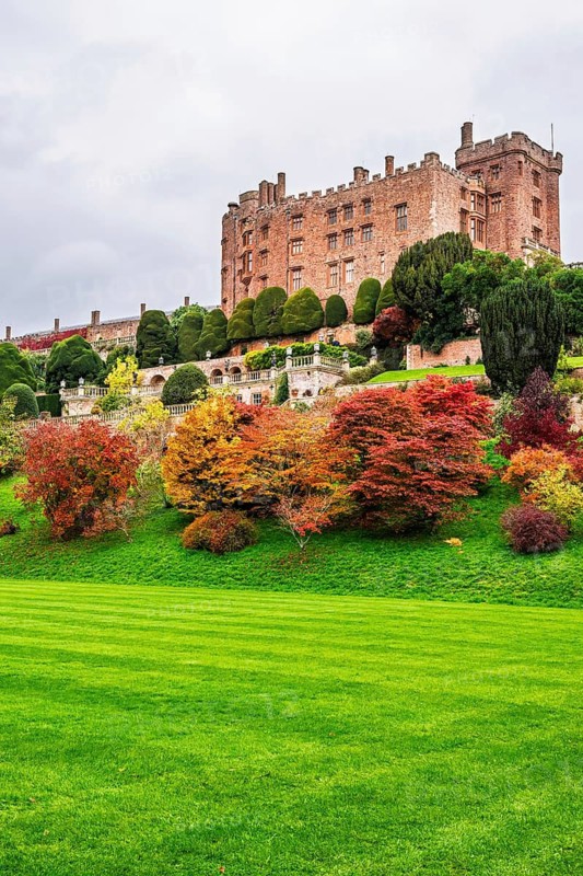 Autumn colors over Powis Castle and Garden, Welshpool, Powys, Wales, UK