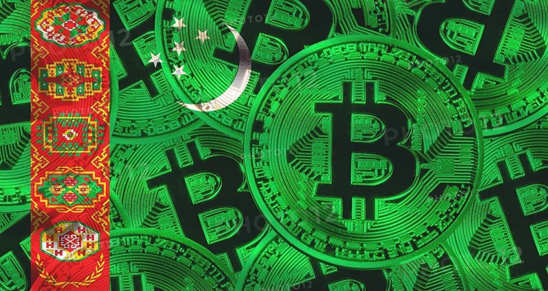 Bitcoins on Turkmenistan flag background. Golden bitcoin coins on Turkmenistan flag background