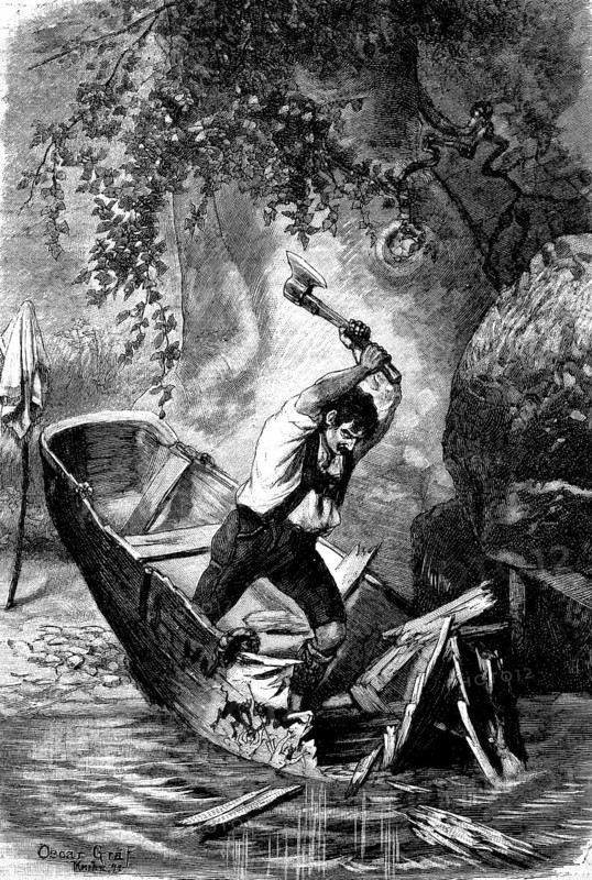 Man destroying his own rowing boat with an axe, Bavaria, Germany, around 1880, Historical, digital reproduction of an original from the 19th century
