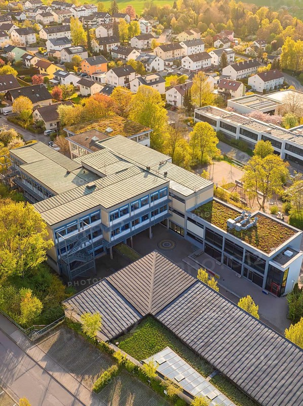 Bird's eye view of the district with modern buildings in autumnal surroundings, Christiane Herzog Realschule, Nagold, Calw district, Germany