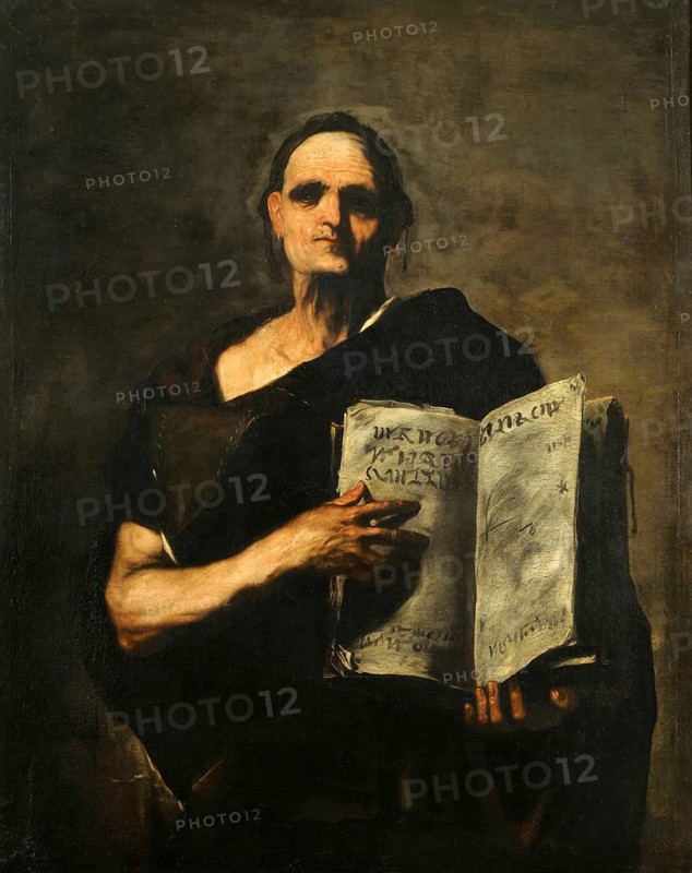 Luca Giordano (b. 18 October 1634, d. 3 January 1705), called Fa Presto, Italian painter and etcher of the Baroque period, A Mathematician (ca 1660), Painting, Reproduction of the painting in its original state, Work of art, Historical, A serious man holds an old book with mysterious writing