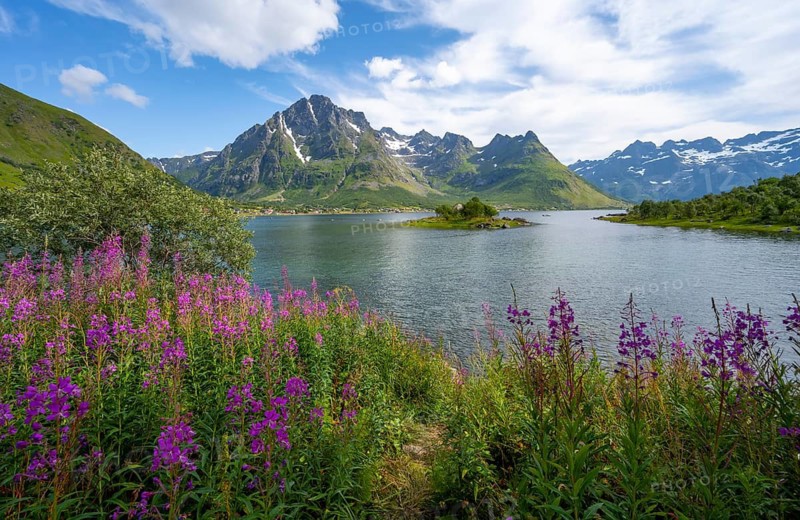 Pink flowers, blooming balsam at the fjord Austnesfjorden, idyllic mountains and fjord landscape, Nordland, Norway
