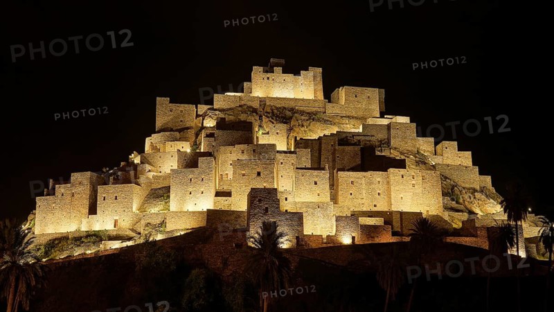 Middle East, Saudi Arabia, Thai Ain mountain village at night, Thee-Ain, Dhi Ayn, Zee Ain Village, Al-Baha region, Thee Ain