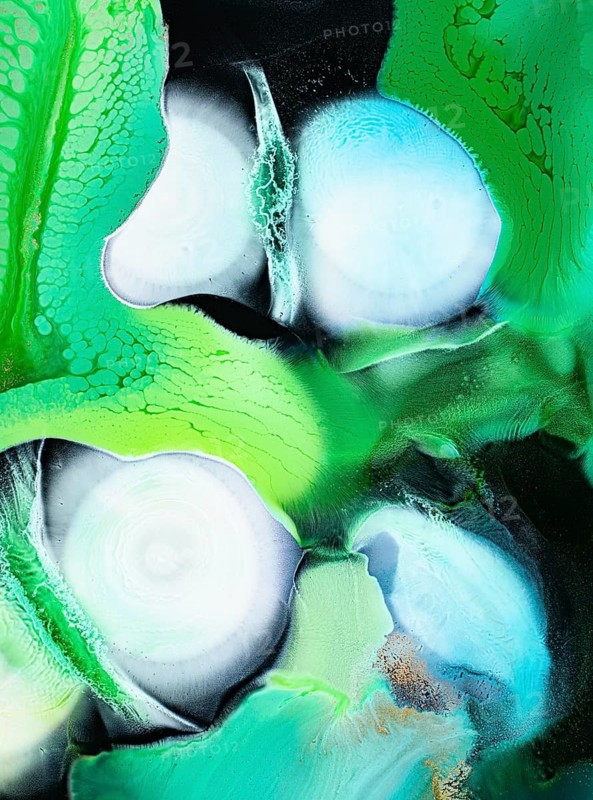 An abstract painting showcasing liquids art with vibrant green and blue hues. The swirling patterns create a sense of movement and depth, offering a visually captivating piece