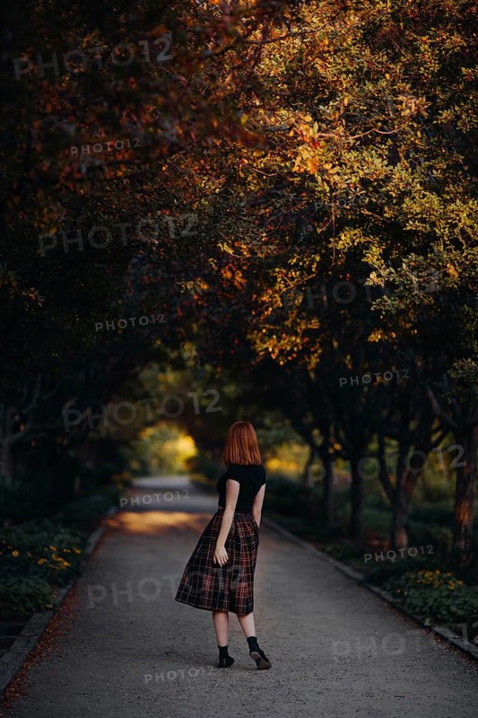 A woman with red hair walks down a serene, tree-lined path in Quebec, Canada. The autumn leaves create a canopy of vibrant colors, embodying the essence of fall's tranquility