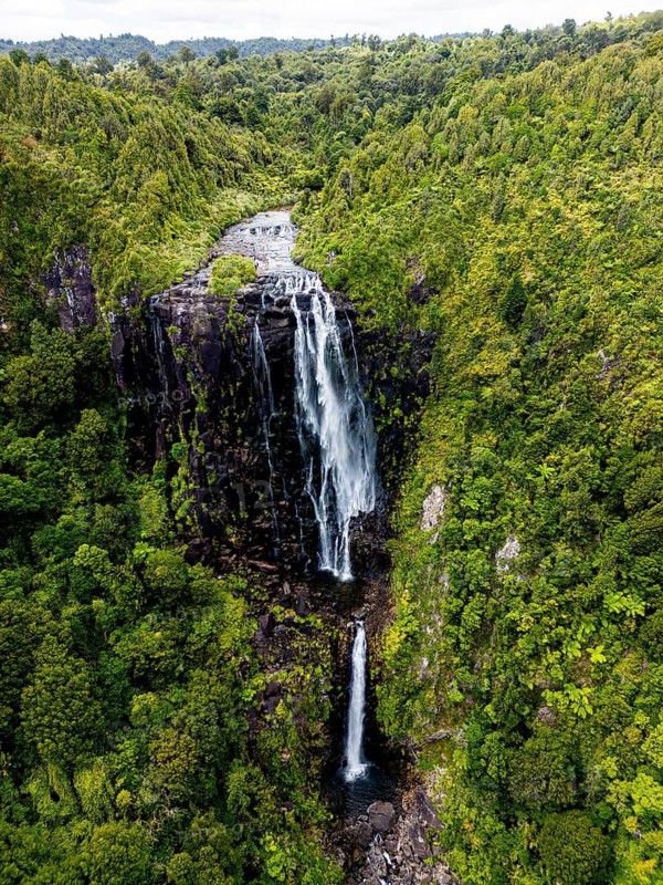Stunning aerial photo of a towering waterfall cascading down dark volcanic rock, surrounded by lush, verdant forest near Rotorua, New Zealand, in a geothermally active area
