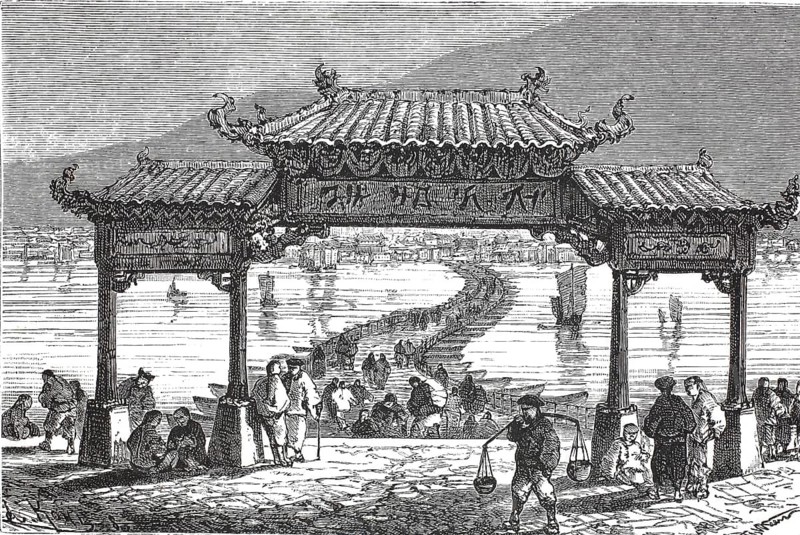 Historical depiction of the Zhenyuan pontoon bridge, floating bridge, in Lanzhou, China. In the foreground, a magnificent Chinese archway, Paifang, through which one looks at the pontoon bridge crossing the Yellow River, c. 1874, from the Sosnovsky Voyage through China, The Sosnovsky Expedition (1874-1875) was a major Russian exploration and trade mission to China. Its aim was to open up new land routes for trade, and to examine the economic prospects, Illustration, reproduction from a 19th century original. Authentic, file restored for optimal use, exact date of original unknown, Historical