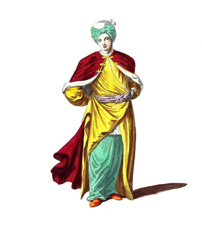 Historical clothing, fashion over time, clothing of a distinguished young Turk in 1700, Ottoman Empire, Turkey, digitally restored reproduction of a model from the 18th/19th century, exact date unknown, man in striking yellow-red clothing with turban