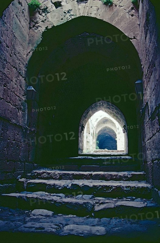 Passage to upper castle, ascending gateway, bastions in the north-west corner, castle, Krak des Chevaliers, Homs, Syria, May 1987, vintage, retro, old, historical