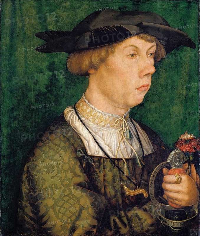 Portrait of a member of the Weiss family from Augsburg, the person depicted is 22 years old, which is emphasised by the inscription XXII IAR WAS ICH ALT on the sword handle. The ring on the index finger of the left hand shows the coat of arms of the Weiss family from Augsburg, authentic reproduction of a work of art, painting, drawing by Hans Holbein the Elder (born 1465 in Augsburg, died 1524 in Basel or Isenheim), German painter of the Renaissance, historical