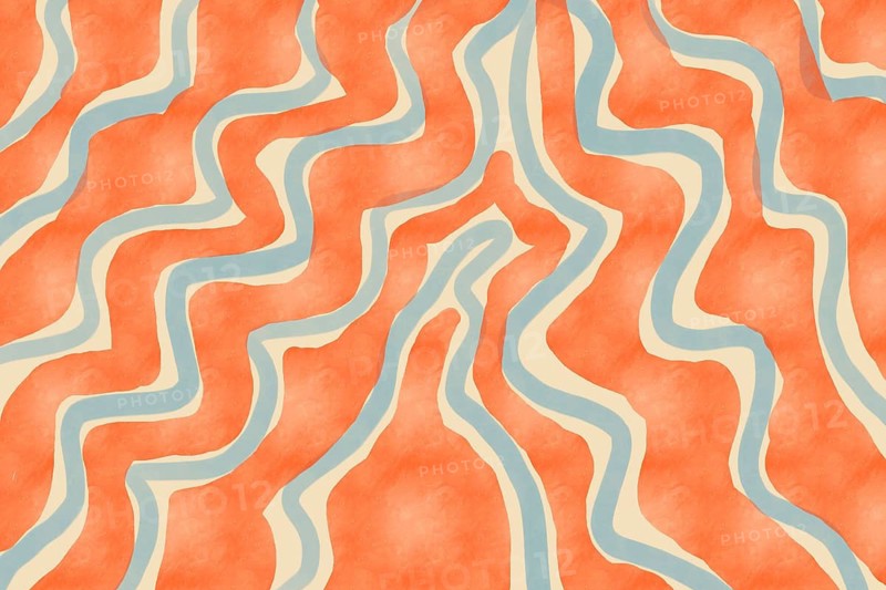 Hand-drawn organic pattern featuring fluid, wavy lines in soft, warm pastel shades of orange, cream, and blue, creating a dynamic and retro-inspired aesthetic