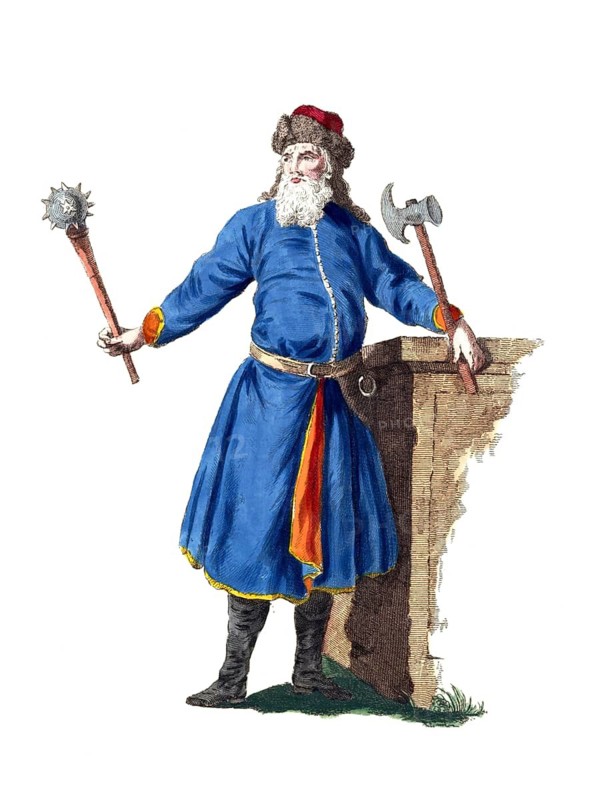 Historical clothing, fashion in the course of time, clothing of a commander of a corps of the Strelitz in 1764, digitally restored reproduction of a model from the 18th/19th century, exact date unknown, man with blue robe and weapons, standing next to a table