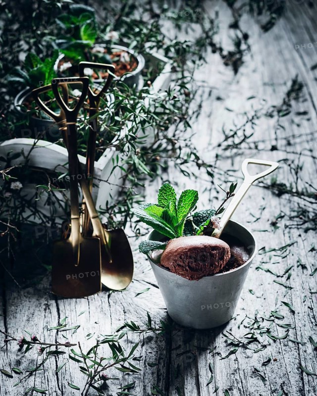 A rich chocolate mousse made from chocolate, eggs, cream, and sugar, elegantly garnished with fresh mint. Perfect for dessert enthusiasts seeking a minty twist