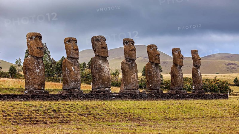 Several Moai statues on a grassy hill against a mountainous backdrop, The Moai statues on Easter Island in the Pacific Ocean