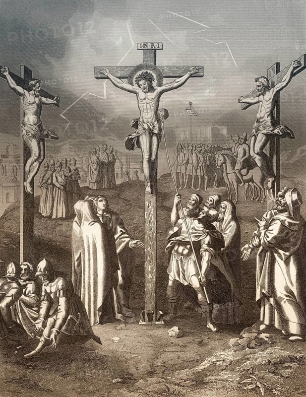 Crucifixion of Jesus, Mount Calvary, Jerusalem, New Testament, steel engraving 1853, digitally restored