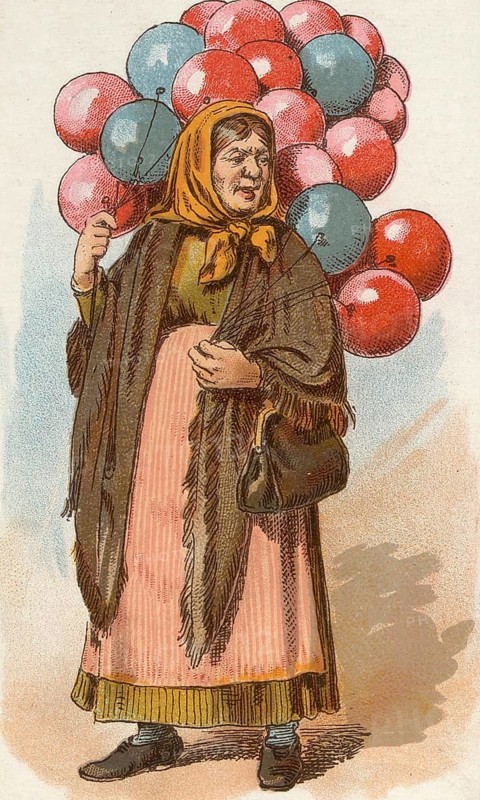 Viennese types by Ladislav Eugen Petrovits (1839, 1907), painter from Austria. The balloon seller, woman in traditional dress with a bundle of colourful balloons