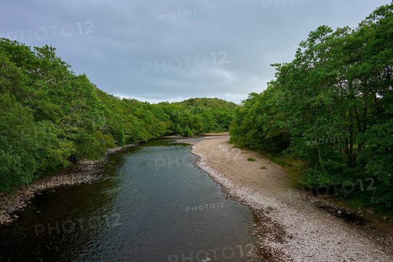 River with pebble beach surrounded by thick forest and cloudy sky, Sutherland, Strathnaver, Kinbrace, Scotland, United Kingdom, Great Britain