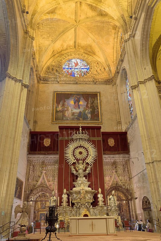 Magnificent altar inside the cathedral with ornate paintings and details, Seville, Andalusia, Spain