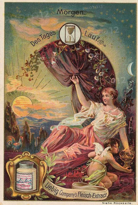 Picture series of the day Run, morning, Liebig picture, digitally restored reproduction of a collector's picture from around 1900, public domain, exact date unknown, symbolic depiction of a woman and a child at sunrise in the morning